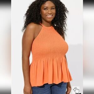 Torrid Vibrant Orange Challis Smocked Perplum Tank Top
